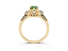 Fancy Green Pear Cut Diamond Three-Stone Ring Set in Yellow gold with Pavé Band and Smaller Side Stones