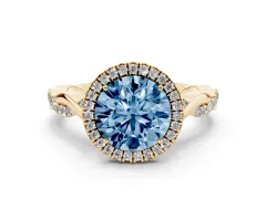 Fancy Blue Round Cut Diamond Halo Twist Band Solitaire Ring Set in Yellow gold with Prong Setting