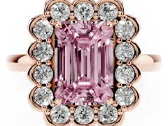Fancy Pink Emerald Cut Diamond Halo Cluster Engagement Ring Set in Rose gold with Solitaire Band and Prong Setting