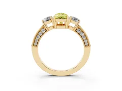 Fancy Yellow Pear Cut Diamond Three-Stone Ring Set in Yellow gold with Round Side Stones and Pavé Band