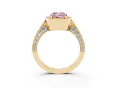 Fancy Pink Oval Cut Diamond Halo Engagement Ring Set in Yellow gold with Accent Split Shank Band