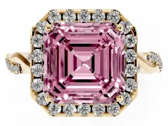 Fancy Pink Asscher Cut Diamond Halo Twist Band Solitaire Ring Set in Yellow gold with Prong Setting