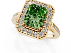 Fancy Green Radiant Cut Diamond Halo Ring Set in Yellow gold with Accent-Lined Split Shank and Prong Setting