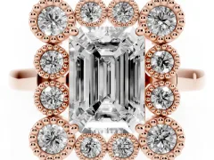 Emerald Cut Diamond Cluster Halo Ring Set in Rose gold with Milgrain Bezel Accents and Plain Band