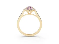 Fancy Pink Marquise Cut Diamond Pavé Halo Engagement Ring Set in Yellow gold with Pavé Band and Prong Setting