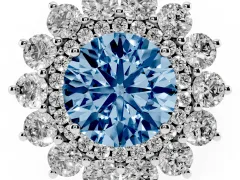 Fancy Blue Round Cut Diamond Floral Double Halo Ring Set in Platinum with Round Petals