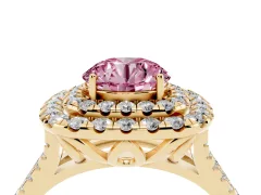 Fancy Pink Round Cut Diamond Double Halo Ring Set in Yellow gold with Pavé Split Shank and Prong Setting