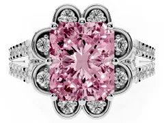 Fancy Pink Radiant Cut Diamond Floral Halo Split Shank Engagement Ring Set in Silver with Pavé Shank