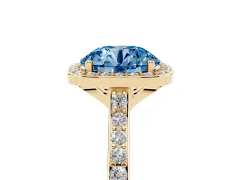 Fancy Blue Round Cut Diamond Halo Engagement Ring Set in Yellow gold with Round Pavé Shoulders and Heart Gallery