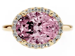 Fancy Pink Oval Cut Diamond Halo Engagement Ring Set in Yellow gold with Pavé Band and Rising Shoulders