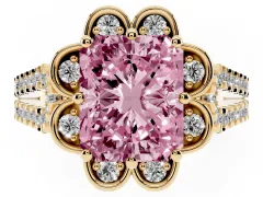 Fancy Pink Radiant Cut Diamond Floral Halo Split Shank Engagement Ring Set in Yellow gold with Pavé Shank