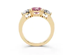 Fancy Pink Round Cut Diamond Three-Stone Ring Set in Yellow gold with Prong Setting and Plain Band