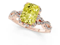 Fancy Yellow Radiant Cut Diamond Halo Twist Band Solitaire Ring Set in Rose gold with Prong-Set Center Stone