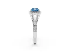 Fancy Blue Cushion Cut Diamond Halo Split Shank Pavé Ring Set in Platinum with Prong Setting