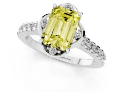 Fancy Yellow Emerald Cut Diamond Solitaire Ring Set in Silver with Pavé Band and Floral Prong Setting