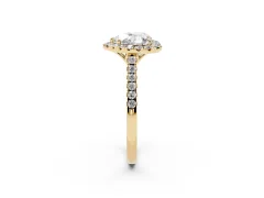 Heart Cut Diamond Pavé Halo Engagement Ring Set in Yellow gold with Pavé Band and Prong Setting