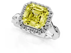 Fancy Yellow Asscher Cut Diamond Halo Twist Band Solitaire Ring Set in Silver with Prong Setting