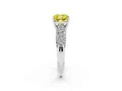 Fancy Yellow Cushion Cut Diamond Pavé Band Solitaire Ring Set in Platinum with Close-Set Accent Stones and Prong Setting