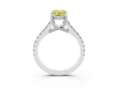 Fancy Yellow Oval Cut Diamond Solitaire Ring Set in Platinum with Brilliant Pavé Band and Prong Setting