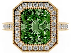 Fancy Green Radiant Cut Diamond Halo Milgrain Pavé Band Ring Set in Yellow gold with Prong Setting