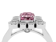 Fancy Pink Emerald Cut Diamond Cluster Halo Ring Set in Silver with Milgrain Bezel Accents and Plain Band