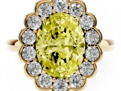 Fancy Yellow Oval Cut Diamond Halo Cluster Engagement Ring Set in Yellow gold with Solitaire Band and Prong Setting
