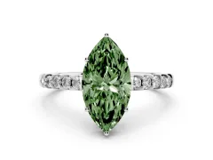 Fancy Green Marquise Cut Diamond Solitaire Engagement Ring Set in White gold with Pavé Band and Prong Setting