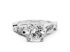 Cushion Cut Diamond Vine Band Solitaire Ring Set in Silver with Milgrain Prong Setting