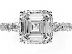 Asscher Cut Diamond Solitaire Ring Set in Silver with Shared Prong Pavé Band