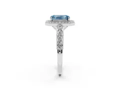 Fancy Blue Emerald Cut Diamond Milgrain Halo Solitaire Ring Set in Silver with Bezel Set Side Stones and Pavé Band