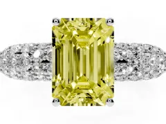 Fancy Yellow Emerald Cut Diamond Pavé Band Solitaire Ring Set in Platinum with Close-Set Accent Stones and Prong Setting