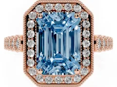 Fancy Blue Emerald Cut Diamond Milgrain Halo Solitaire Ring Set in Rose gold with Bezel Set Side Stones and Pavé Band
