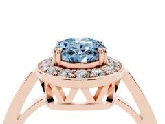 Fancy Blue Oval Cut Diamond Halo Ring Set in Rose gold with Accent-Lined Split Shank and Prong Setting