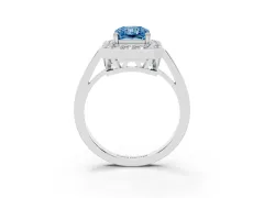 Fancy Blue Radiant Cut Diamond Halo Ring Set in White gold with Accent-Lined Split Shank and Prong Setting
