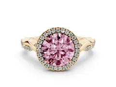 Fancy Pink Round Cut Diamond Halo Twist Band Solitaire Ring Set in Yellow gold with Prong Setting