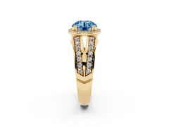 Fancy Blue Round Cut Diamond Halo Ring Set in Yellow gold with Double Pavé Split Shank
