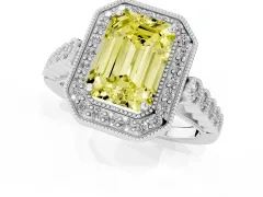 Fancy Yellow Emerald Cut Diamond Milgrain Halo Solitaire Ring Set in Silver with Bezel Set Side Stones and Pavé Band