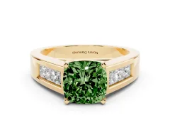 Fancy Green Cushion Cut Diamond Solitaire Ring Set in Yellow gold with Channel-Set Accent Stones and Prong Setting