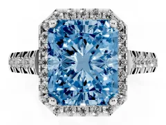 Fancy Blue Radiant Cut Diamond Halo Engagement Ring Set in Silver with Pavé Band and Prong-Set Center