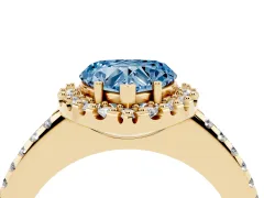 Fancy Blue Heart Cut Diamond Pavé Halo Ring Set in Yellow gold with Prong Setting
