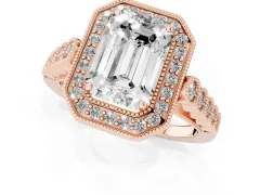 Emerald Cut Diamond Milgrain Halo Solitaire Ring Set in Rose gold with Bezel Set Side Stones and Pavé Band