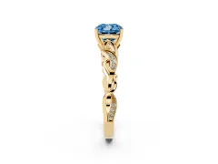 Fancy Blue Cushion Cut Diamond Vine Band Solitaire Ring Set in Yellow gold with Milgrain Prong Setting