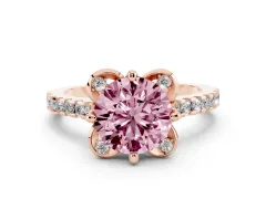 Fancy Pink Round Cut Diamond Solitaire Ring Set in Rose gold with Pavé Band and Floral Prong Setting
