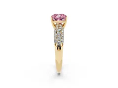 Fancy Pink Cushion Cut Diamond Pavé Band Solitaire Ring Set in Yellow gold with Close-Set Accent Stones and Prong Setting
