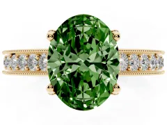 Fancy Green Oval Cut Diamond Solitaire Ring Set in Yellow gold with Milgrain-Edged Pavé Band and Prong Setting
