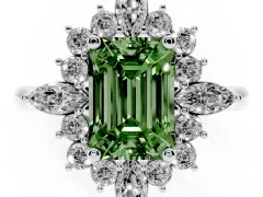 Fancy Green Emerald Cut Diamond Cluster Halo Ring Set in Silver with Marquise and Round Accents