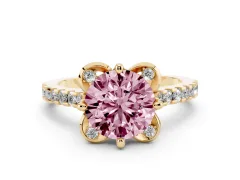 Fancy Pink Round Cut Diamond Solitaire Ring Set in Yellow gold with Pavé Band and Floral Prong Setting