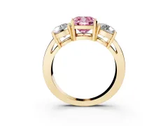 Fancy Pink Cushion Cut Diamond Three-Stone Ring Set in Yellow gold with Round Side Stones and Classic Band