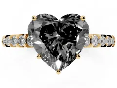 Fancy Black Heart Cut Diamond Solitaire Engagement Ring Set in Yellow gold with Pavé Band and Prong Setting