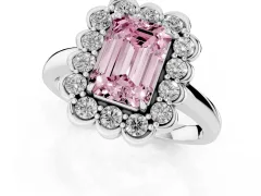 Fancy Pink Emerald Cut Diamond Halo Cluster Engagement Ring Set in Platinum with Solitaire Band and Prong Setting